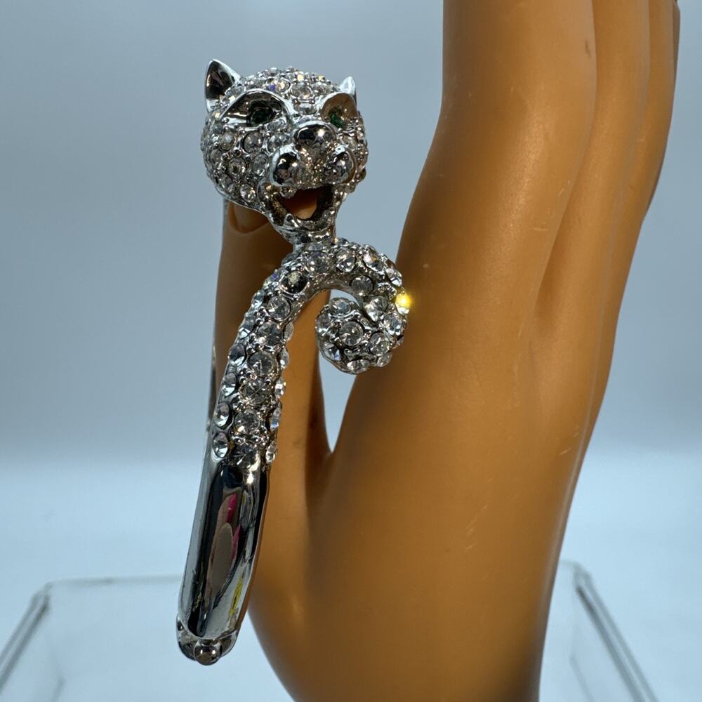 Silver Tone Panther Leopard Big Cat Pave Rhinestone Clamper Bracelet 1 Stone Mis